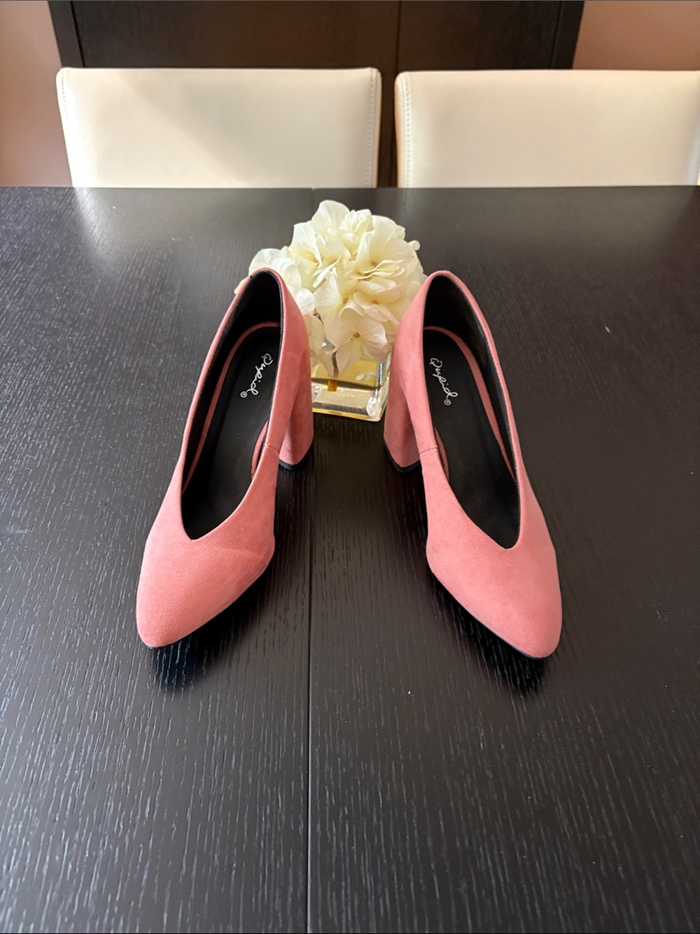 Cupid Coral Pink Suede Pointed V-Cut Block Heel Pumps